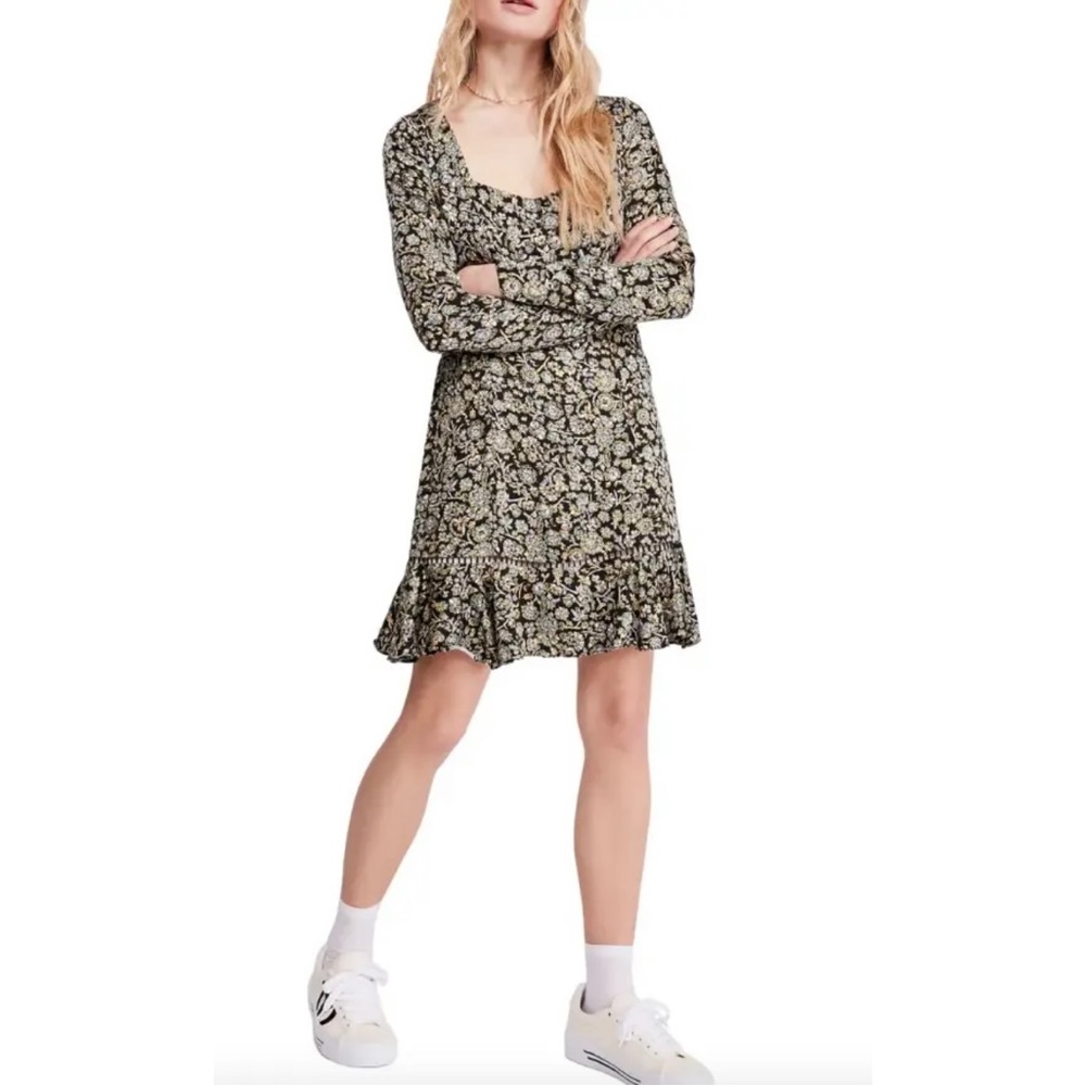 Free People Womens Boheme Black Multicolor Long Sleeve Minidress Size 6
